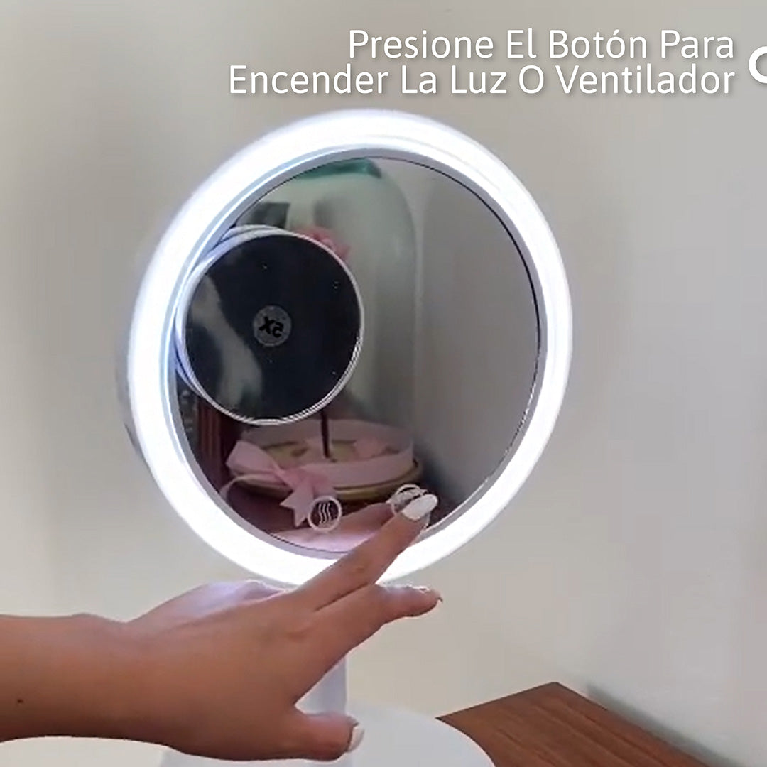 Espejo LED Portátil con Ventilador y Aumento 5X: Iluminación Perfecta