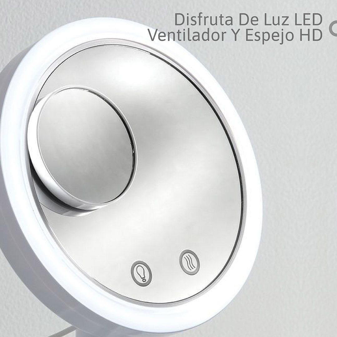 Espejo LED Portátil con Ventilador y Aumento 5X: Iluminación Perfecta