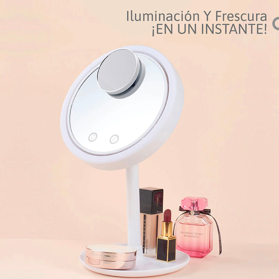 Espejo LED Portátil con Ventilador y Aumento 5X: Iluminación Perfecta