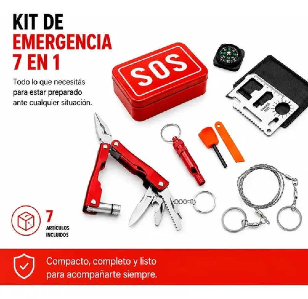 Contenido del kit de emergencia 7 en 1 con caja SOS roja