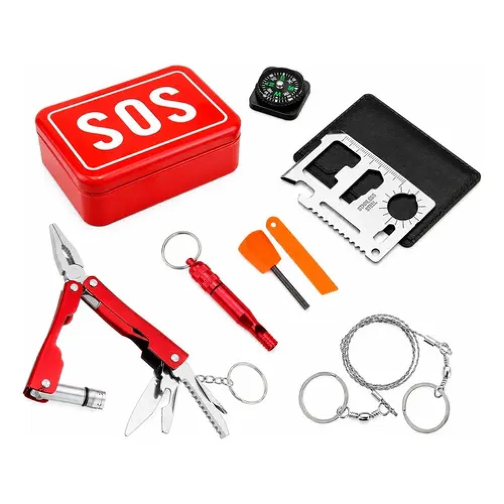 Kit táctico SOS 7 en 1 con caja roja y siete artículos sobre fondo blanco