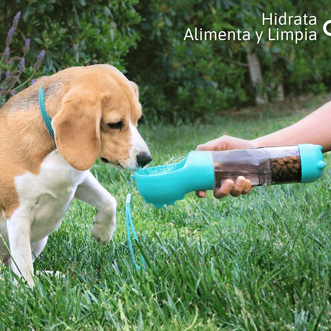 Botella 4 en 1 para Mascotas: Hidrata, Alimenta y Limpia en Cada Aventura