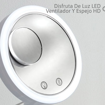 Espejo LED Portátil con Ventilador y Aumento 5X: Iluminación Perfecta