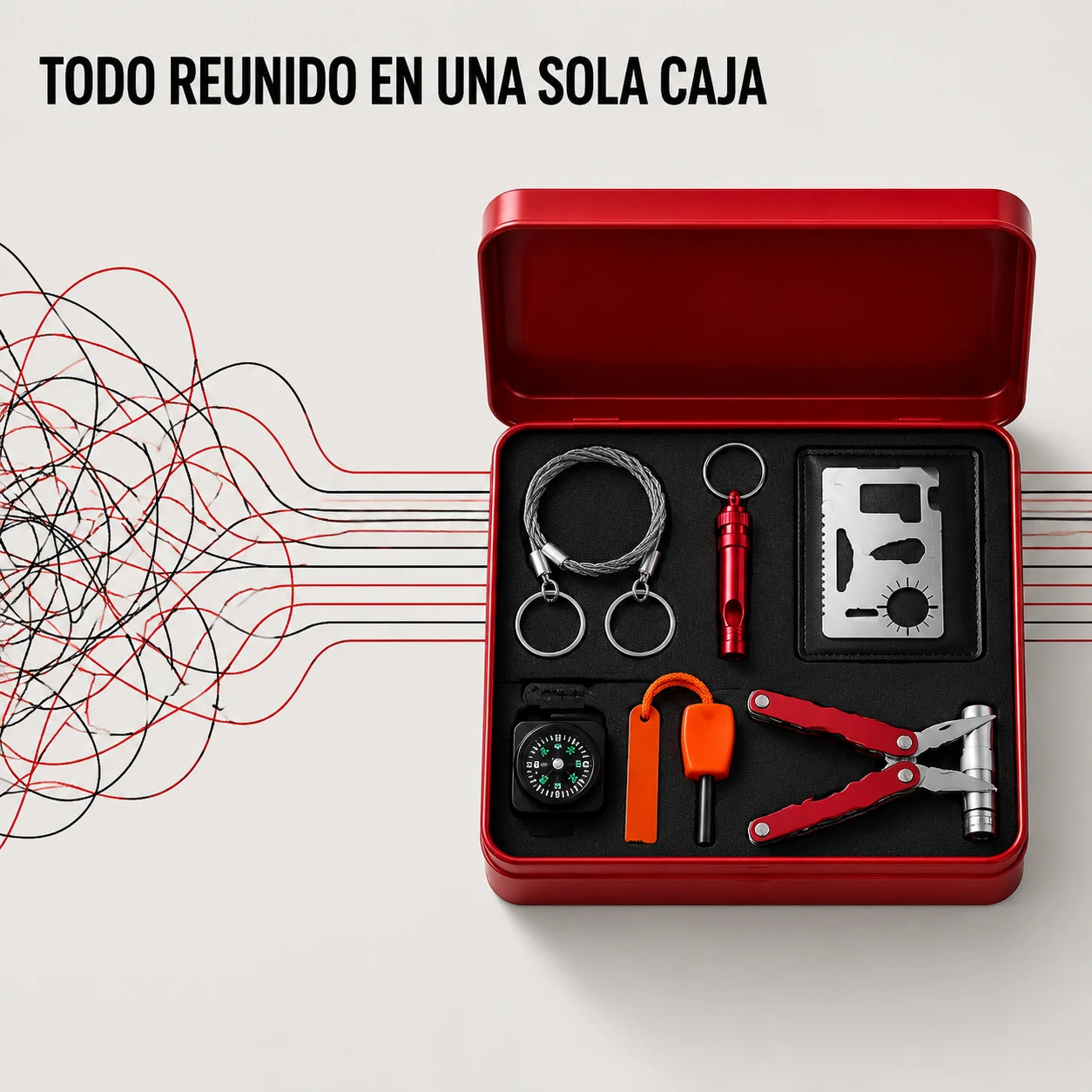 [A3] Herramientas dispersas organizadas en una caja SOS compacta