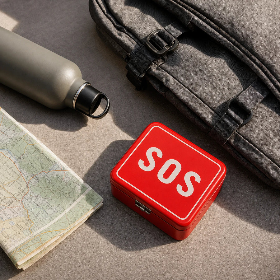 Kit SOS compacto junto a una mochila para una salida