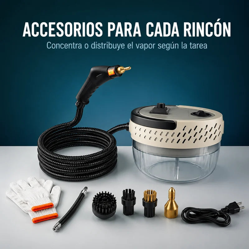 Limpiadora a vapor con pistola, manguera, boquilla y cepillos