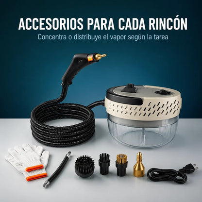 Limpiadora a vapor con pistola, manguera, boquilla y cepillos