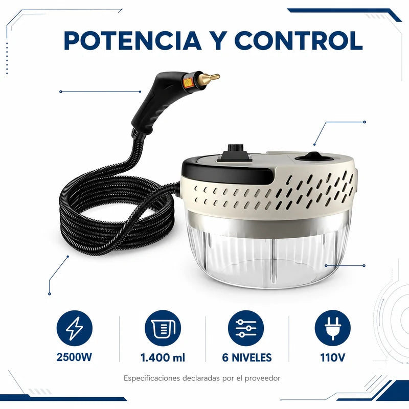 Ficha técnica de la limpiadora a vapor 2500W, 1.400 ml, seis niveles y 110V