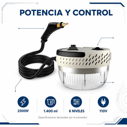 Ficha técnica de la limpiadora a vapor 2500W, 1.400 ml, seis niveles y 110V