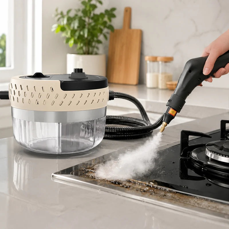 Limpiadora a vapor actuando sobre grasa adherida en una estufa
